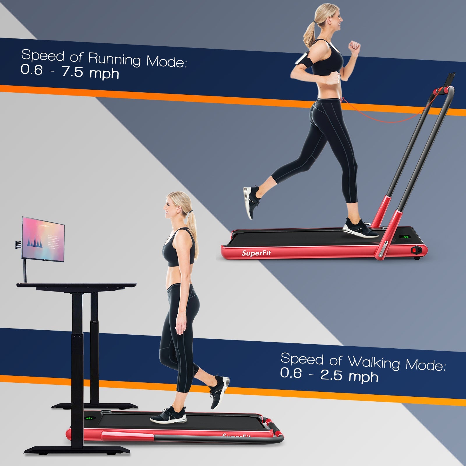 Costway SuperFit Treadmill Folding 2-in-1 No Armrests 2.25 HP App Connect Speaker LED Display and Remote Control New - SP37513RE