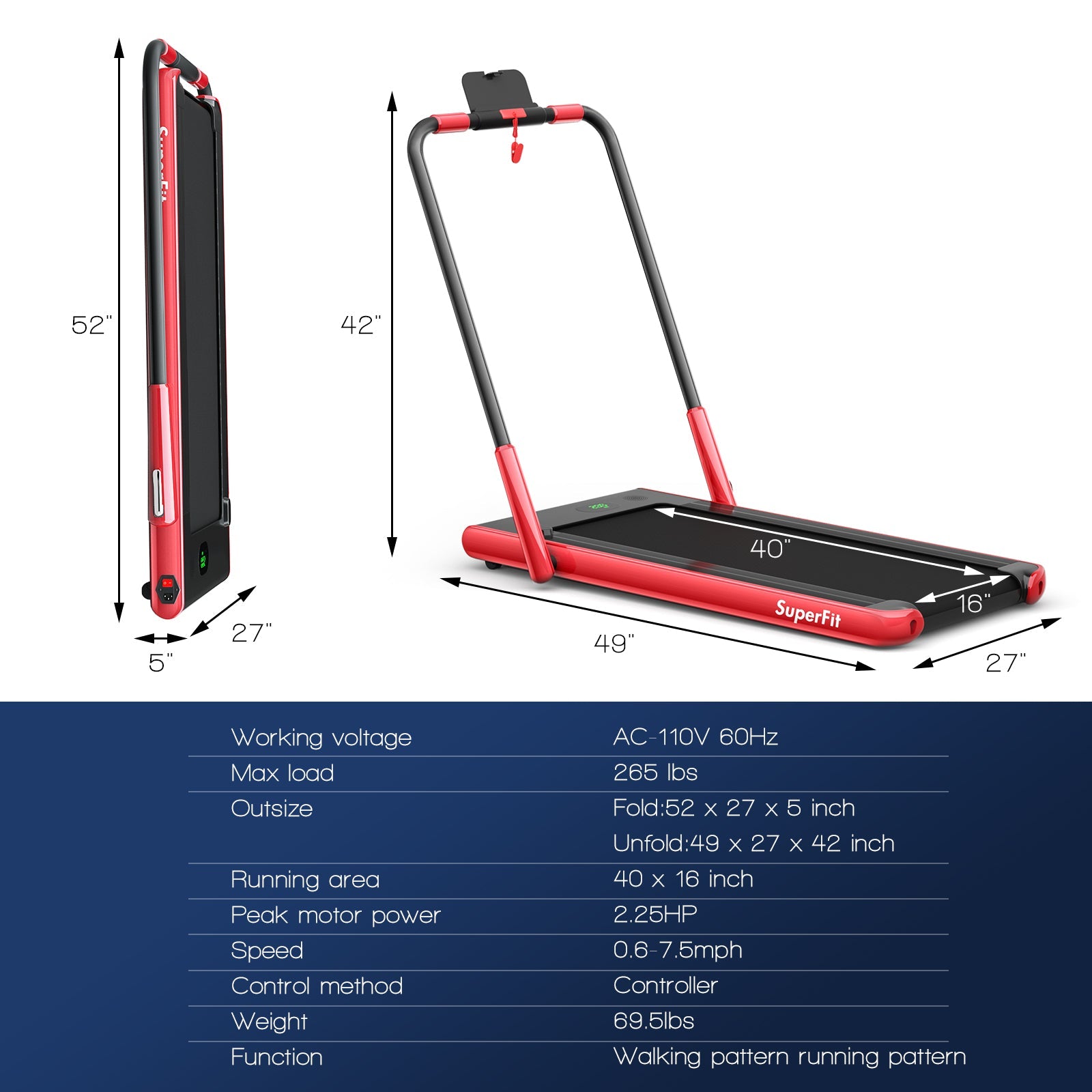 Costway SuperFit Treadmill Folding 2-in-1 No Armrests 2.25 HP App Connect Speaker LED Display and Remote Control New - SP37513RE