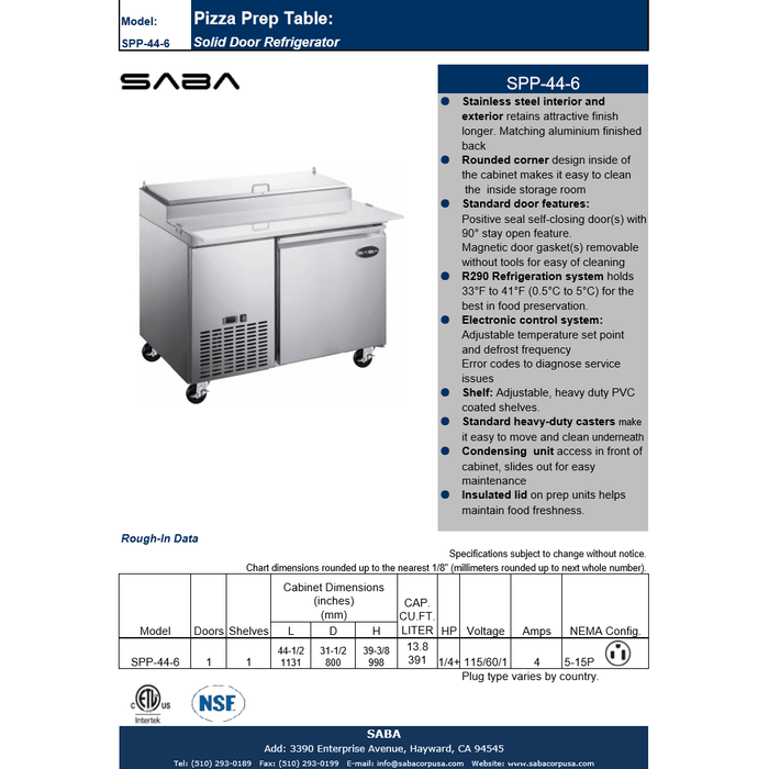 SABA SPP-44-6 - 44" One Door Commercial Pizza Prep Table with 6 Pans - SPP-44-6