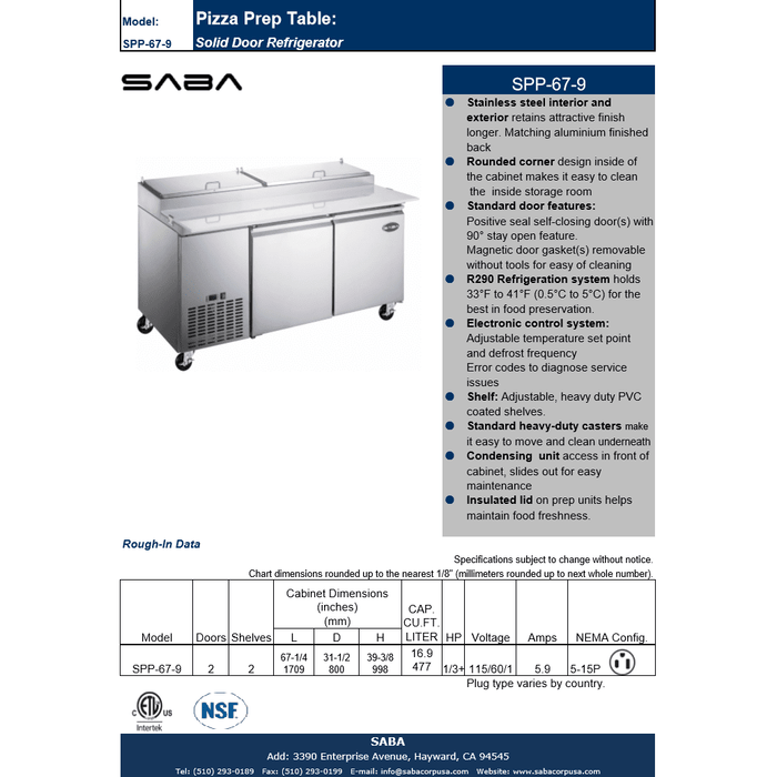 SABA SPP-67-9 - 67" Two Door Commercial Pizza Prep Table with 9 Pans - SPP-67-9