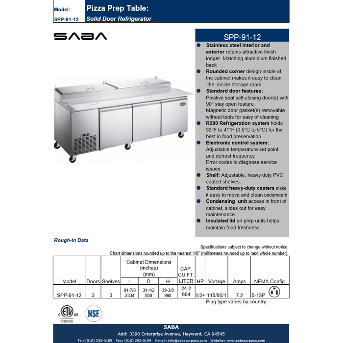 SABA c - 91" Three Door Commercial Pizza Prep Table with 12 Pans - c - 91