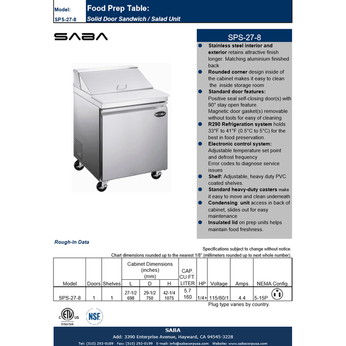 SABA SPS-27-8 - 27" One Door Commercial Sandwich Prep Table with 8 Pans - SPS-27-8