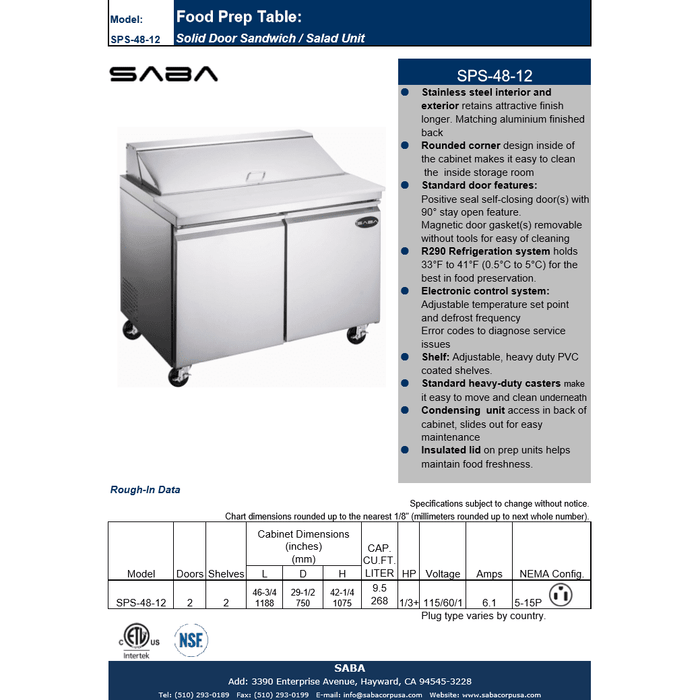 SABA SPS-48-12 - 48" Two Door Commercial Sandwich Prep Table with 12 Pans - SPS-48-12