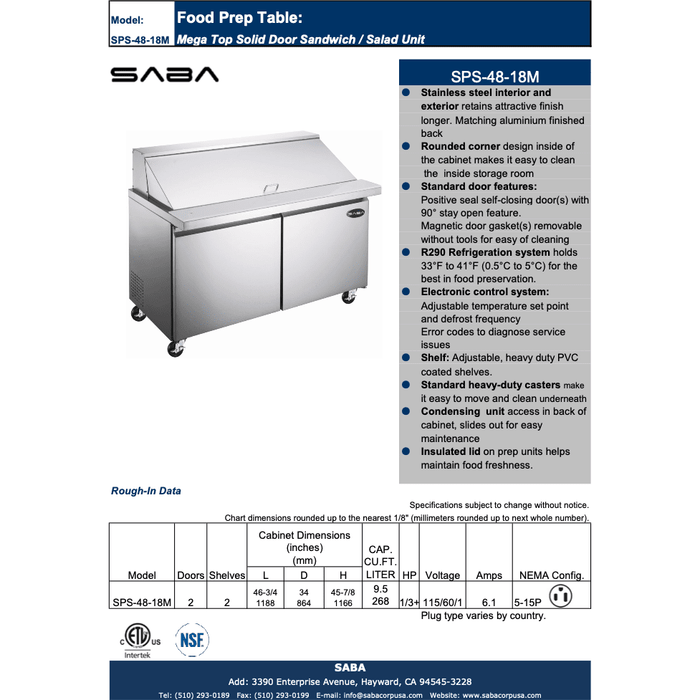 SABA SPS-48-18M - 48" Two Door Commercial Mega-Top Sandwich Prep Table with 18 Pans - SPS-48-18M