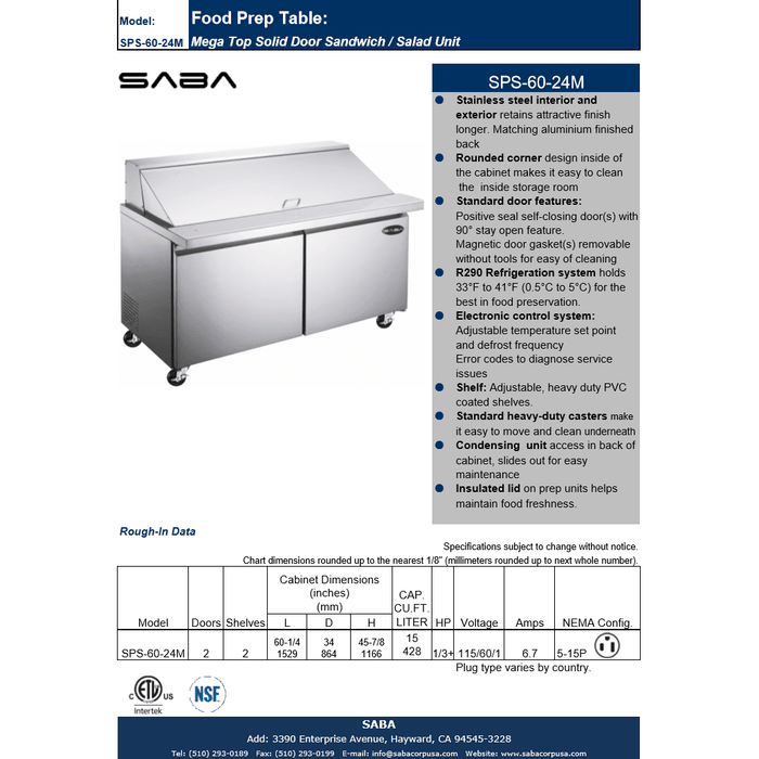 SABA SPS-60-24M - 60" Two Door Commercial Mega-Top Sandwich Prep Table with 24 Pans - SPS-60-24M