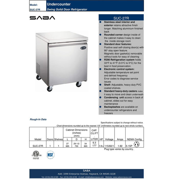 SABA SUC-27R - 27" One Door Commercial Under-Counter Cooler - SUC-27R