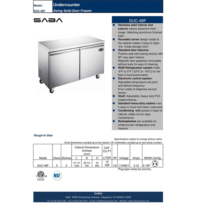 SABA SUC-48F - 48" Two Door Commercial Under-Counter Freezer - SUC-48F