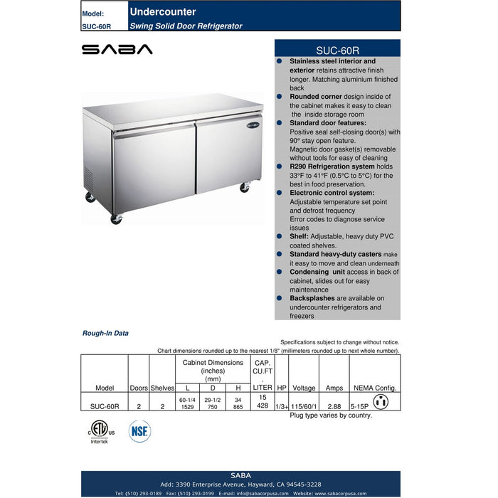 SABA SUC-60R - 60" Two Door Commercial Under-Counter Cooler - SUC-60R