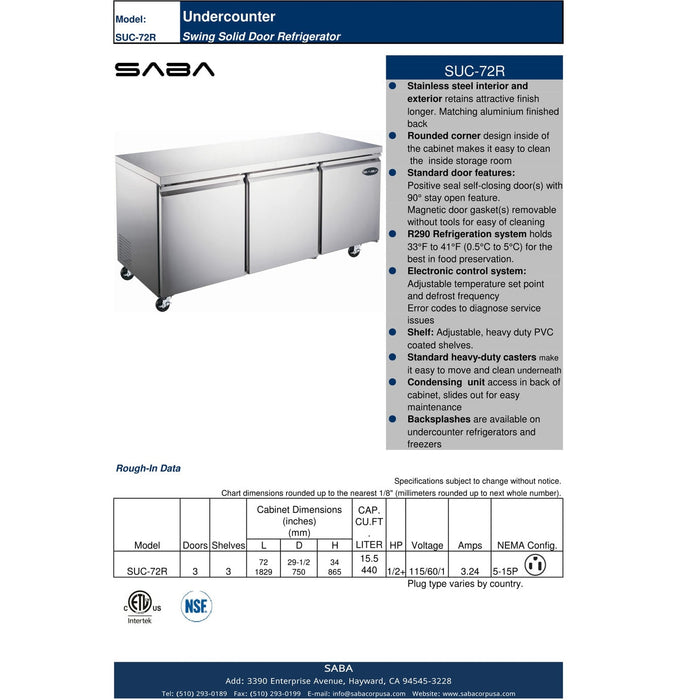 SABA SUC-72R - 72" Three Door Commercial Under-Counter Cooler - SUC-72R