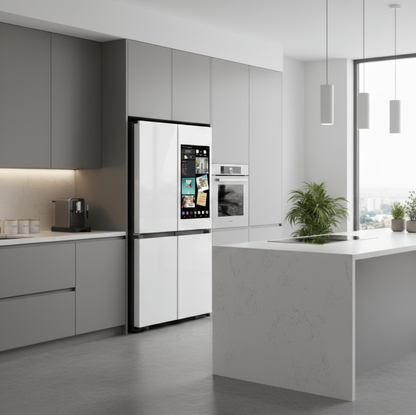 SAMSUNG Bespoke 36" 23 cu. ft. Counter Depth 4-Door Flex Refrigerator with AI Family Hub+ & AI Vision Inside in White Glass - RF23DB990012AA