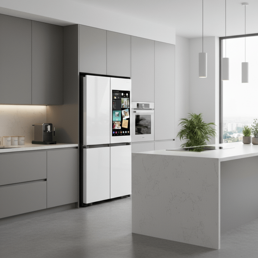 SAMSUNG Bespoke 36" 23 cu. ft. Counter Depth 4-Door Flex Refrigerator with AI Family Hub+ & AI Vision Inside in White Glass - RF23DB990012AA