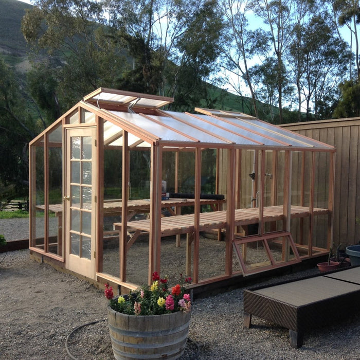 Santa Barbara | Deluxe Redwood Glass Greenhouse/Sunroom Premium Package With 3/16 inch Glass Glazing and Pre-assembled Panels - SB-DE-98