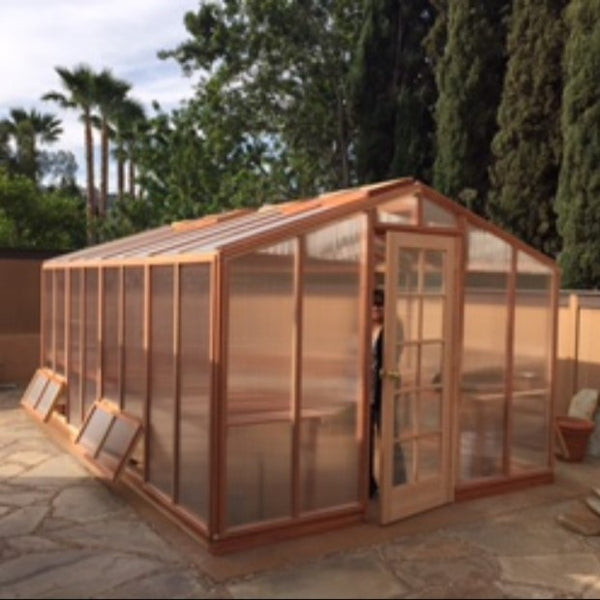 Santa Barbara | Deluxe Redwood Glass Greenhouse/Sunroom Premium Package With 3/16 inch Glass Glazing and Pre-assembled Panels - SB-DE-98