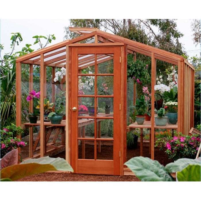 Santa Barbara | Deluxe Redwood Glass Greenhouse/Sunroom Premium Package With 3/16 inch Glass Glazing and Pre-assembled Panels - SB-DE-98