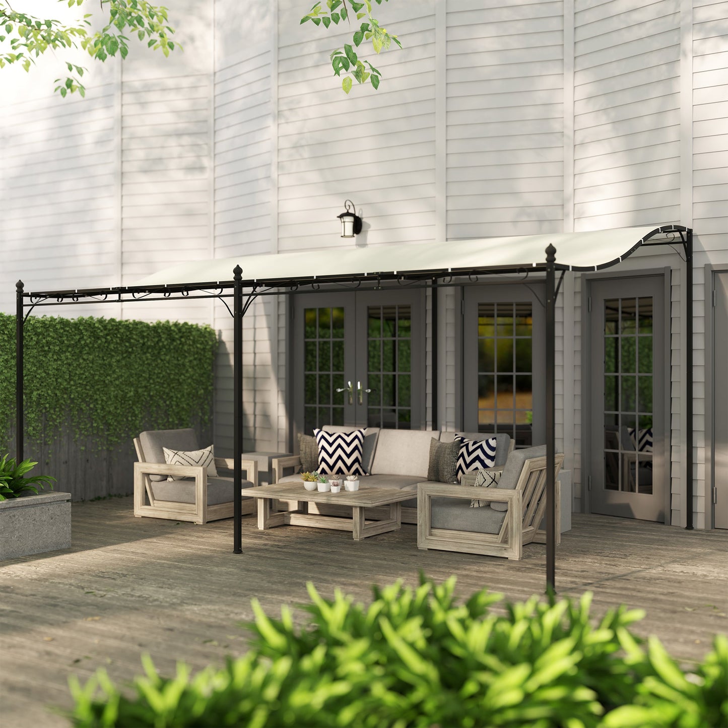 Outsunny 10' x 16' Wall-Mounted Metal Patio Canopy with Drainage Holes, Cream White - 84C-582V00CW