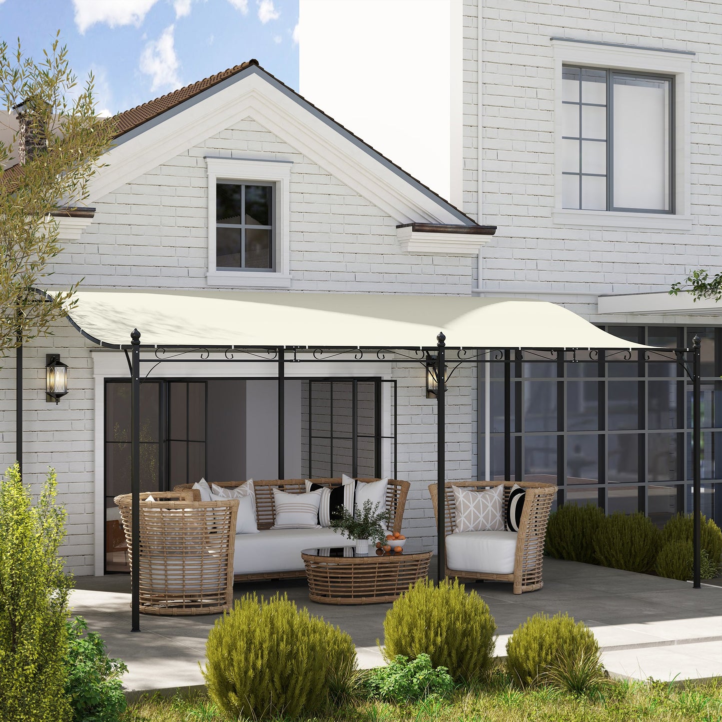 Outsunny 10' x 16' Wall-Mounted Metal Patio Canopy with Drainage Holes, Cream White - 84C-582V00CW