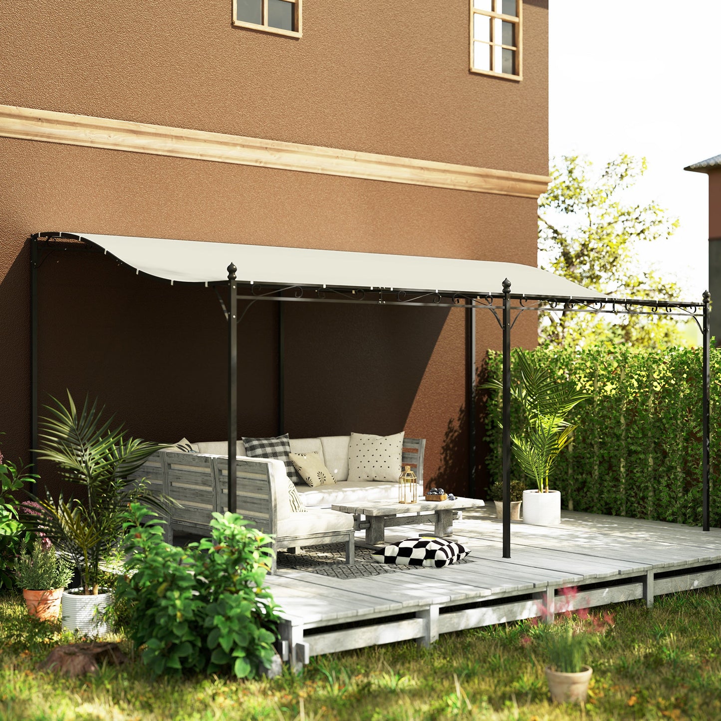 Outsunny 10' x 16' Wall-Mounted Metal Patio Canopy with Drainage Holes, Cream White - 84C-582V00CW