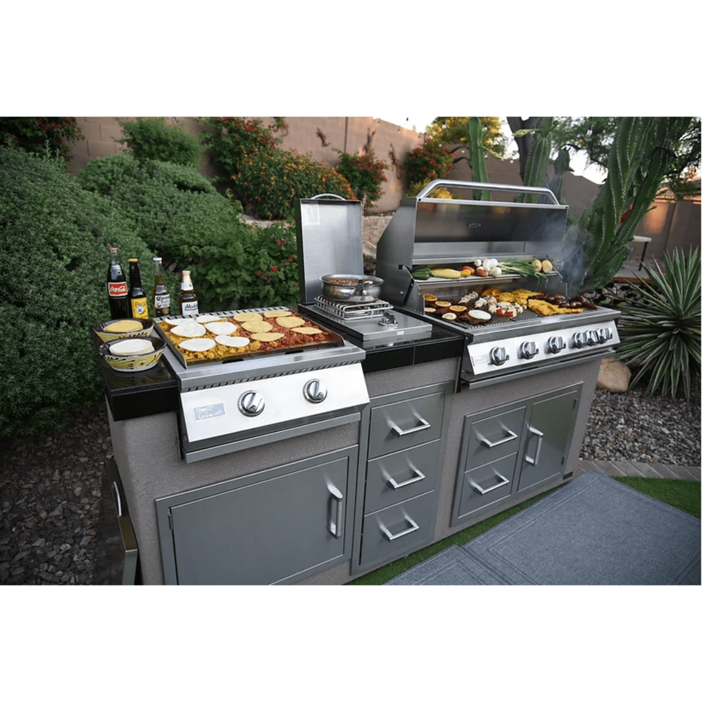 Kokomo Teppanyaki, Griddle, Built-In BBQ Grill with Side Burner, Storage Drawers 7'6
