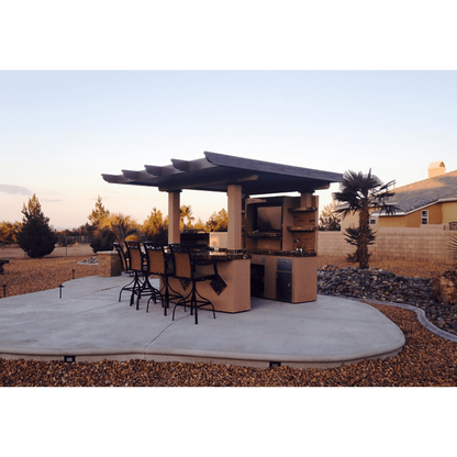 Kokomo Outdoor Kitchen T.V. Media Wall with Pergola and Outdoor Bar Seating BBQ Island - St.Croix-2-LP