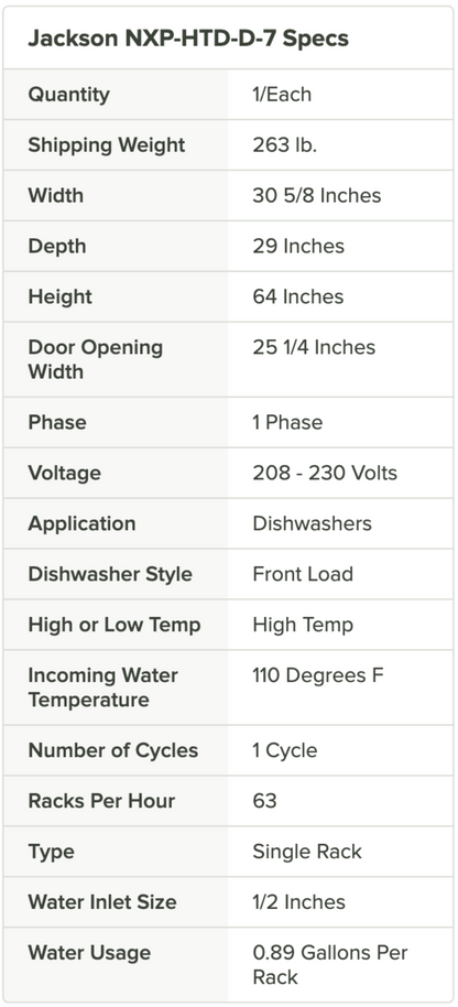 Jackson High Temperature Door Type Dishwasher - 208-230V, 1 Phase –  NXP-HTD-D-7