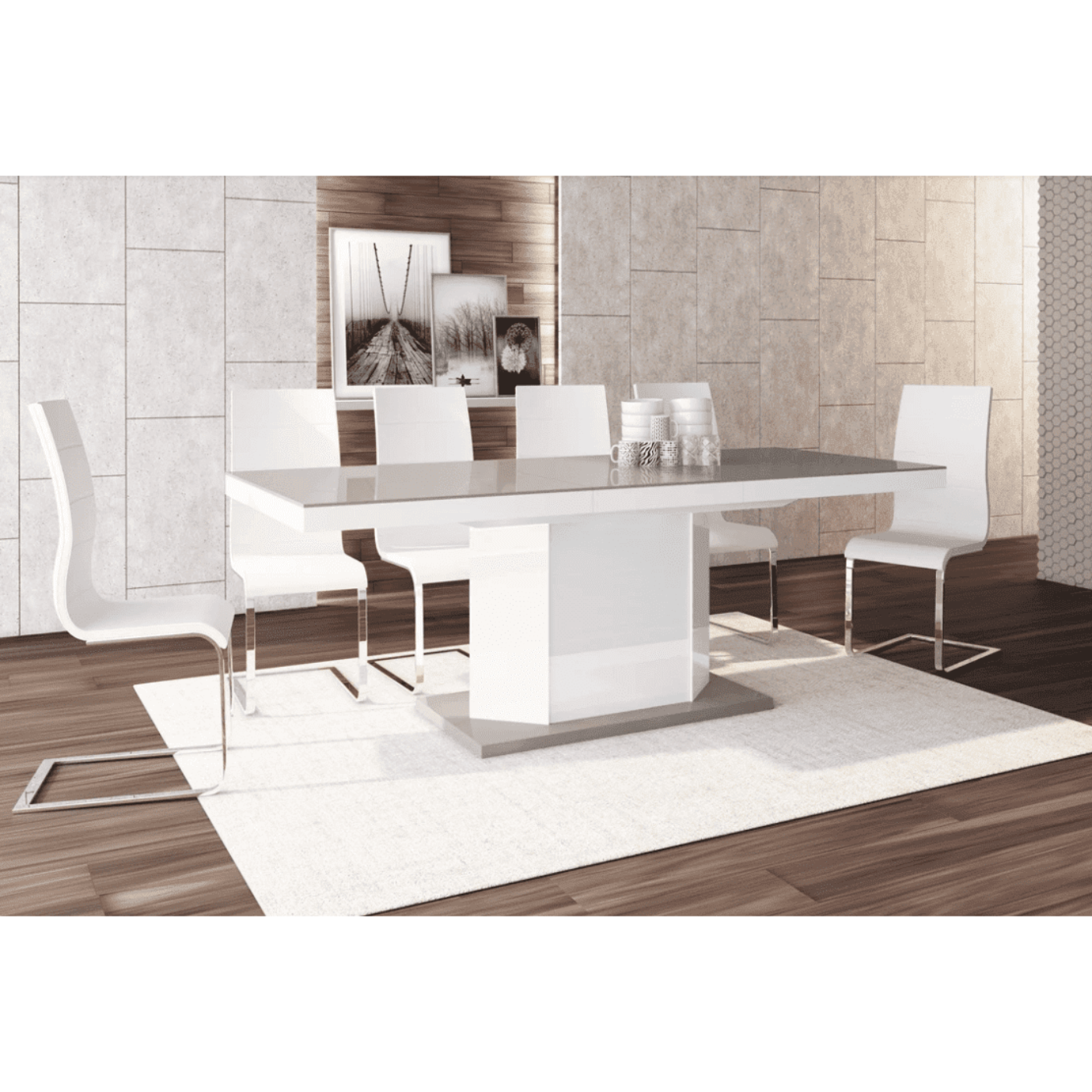 Maxima House Dining Set DIEGO 7 pcs. beige/ white modern glossy Dining Table with 2 self-storing leaves plus 6 white chairs - HU0013K-104WH