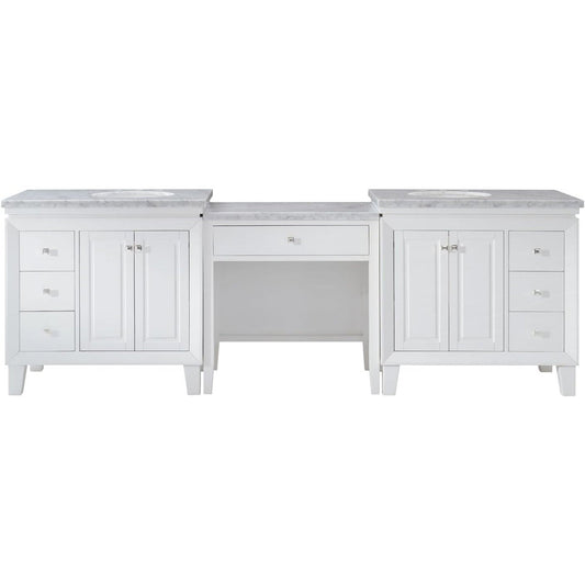 Silkroad Exclusive 103" Double Sink White Modular Bathroom Vanity With Carrara White Marble Countertop and White Ceramic Undermount Sink - V0320WW103D