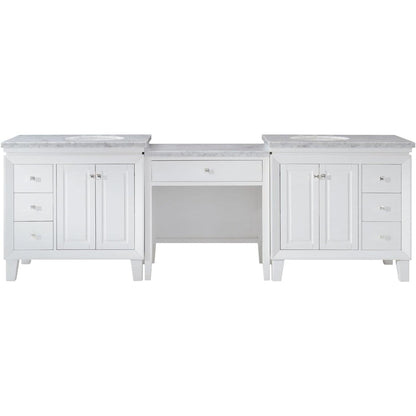 Silkroad Exclusive 103" Double Sink White Modular Bathroom Vanity With Carrara White Marble Countertop and White Ceramic Undermount Sink - V0320WW103D