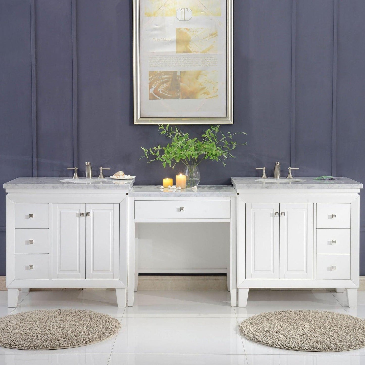 Silkroad Exclusive 103" Double Sink White Modular Bathroom Vanity With Carrara White Marble Countertop and White Ceramic Undermount Sink - V0320WW103D