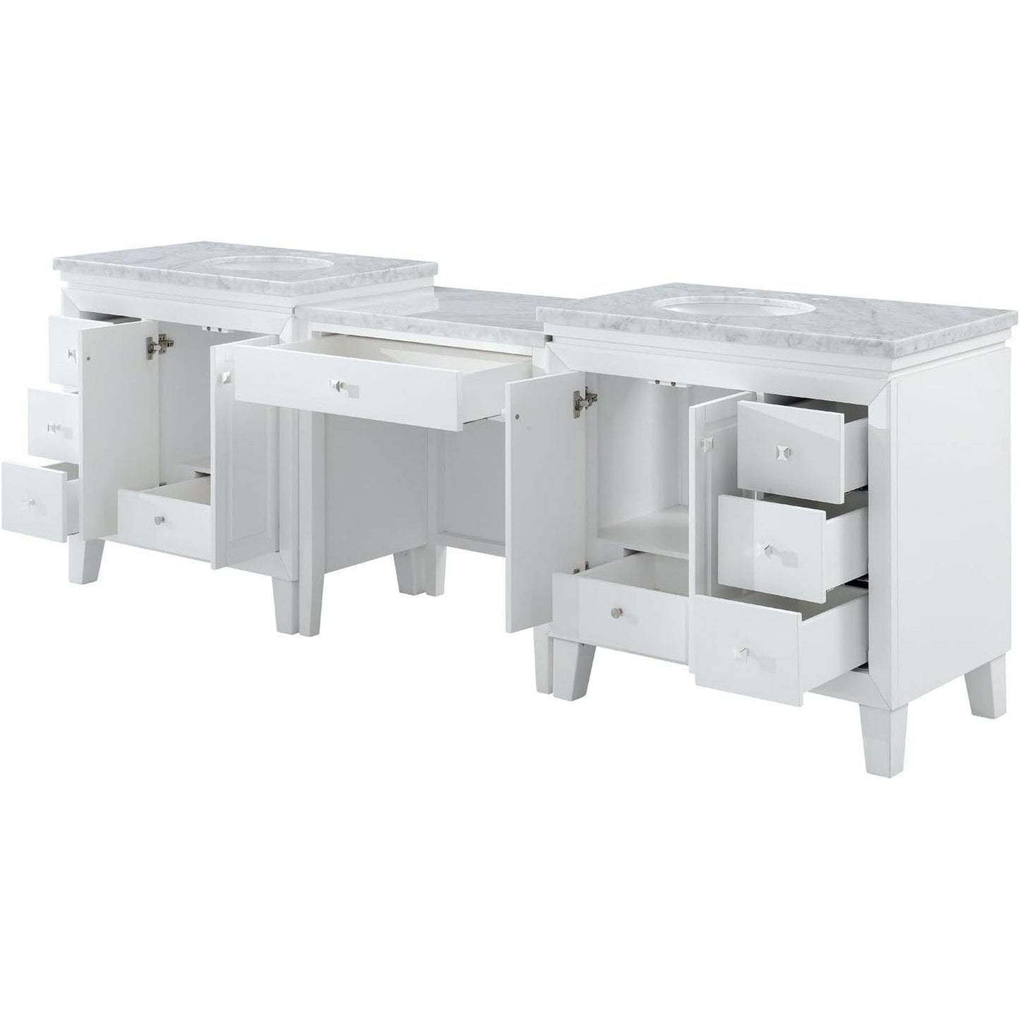 Silkroad Exclusive 103" Double Sink White Modular Bathroom Vanity With Carrara White Marble Countertop and White Ceramic Undermount Sink - V0320WW103D