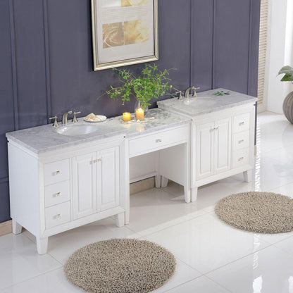 Silkroad Exclusive 103" Double Sink White Modular Bathroom Vanity With Carrara White Marble Countertop and White Ceramic Undermount Sink - V0320WW103D