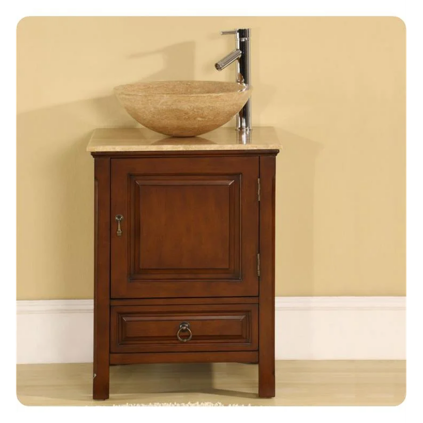 Silkroad Exclusive 22" Single Sink American Chestnut Bathroom Vanity With Travertine Bevel Edge Countertop - HYP-0158-T-22