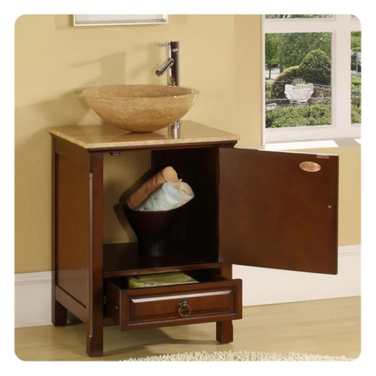 Silkroad Exclusive 22" Single Sink American Chestnut Bathroom Vanity With Travertine Bevel Edge Countertop - HYP-0158-T-22