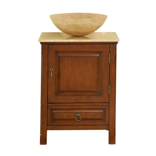 Silkroad Exclusive 22" Single Sink American Chestnut Bathroom Vanity With Travertine Bevel Edge Countertop - HYP-0158-T-22