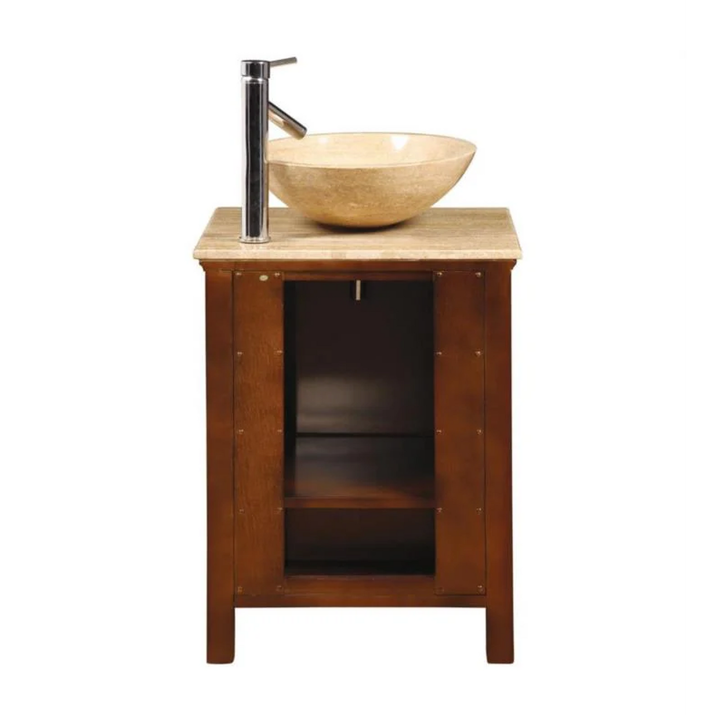 Silkroad Exclusive 22" Single Sink American Chestnut Bathroom Vanity With Travertine Countertop and Travertine Round Vessel Sink - HYP-0158-T-22_S29B