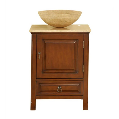 Silkroad Exclusive 22" Single Sink American Chestnut Bathroom Vanity With Travertine Countertop and Travertine Round Vessel Sink - HYP-0158-T-22_S29B