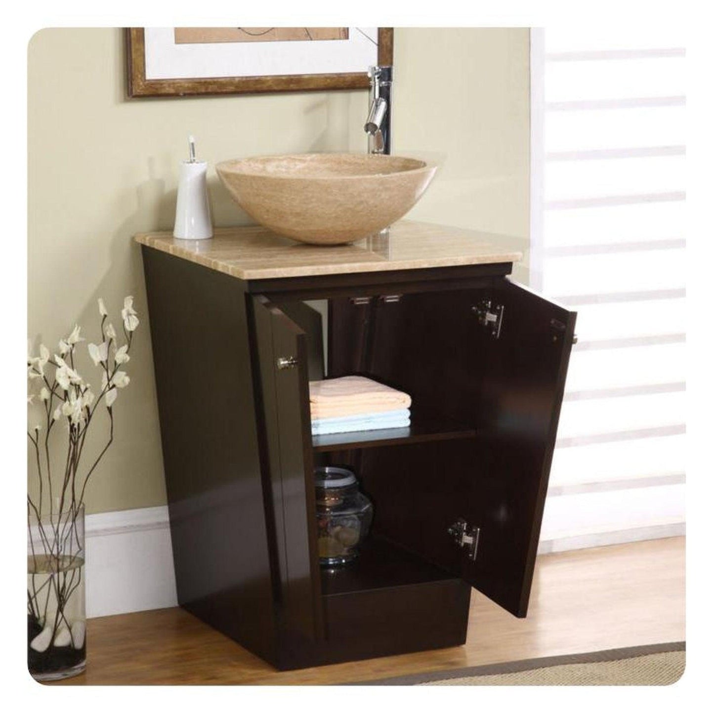 Silkroad Exclusive 22" Single Sink Dark Walnut Bathroom Vanity With Travertine Flat Edge Countertop - HYP-0155-T-22