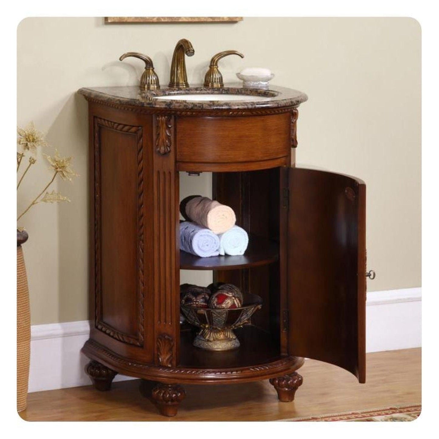 Silkroad Exclusive 24" Single Sink English Chestnut Bathroom Vanity With Baltic Brown Granite Countertop and Ivory Ceramic Undermount Sink - HYP-0135-BB-UIC-24