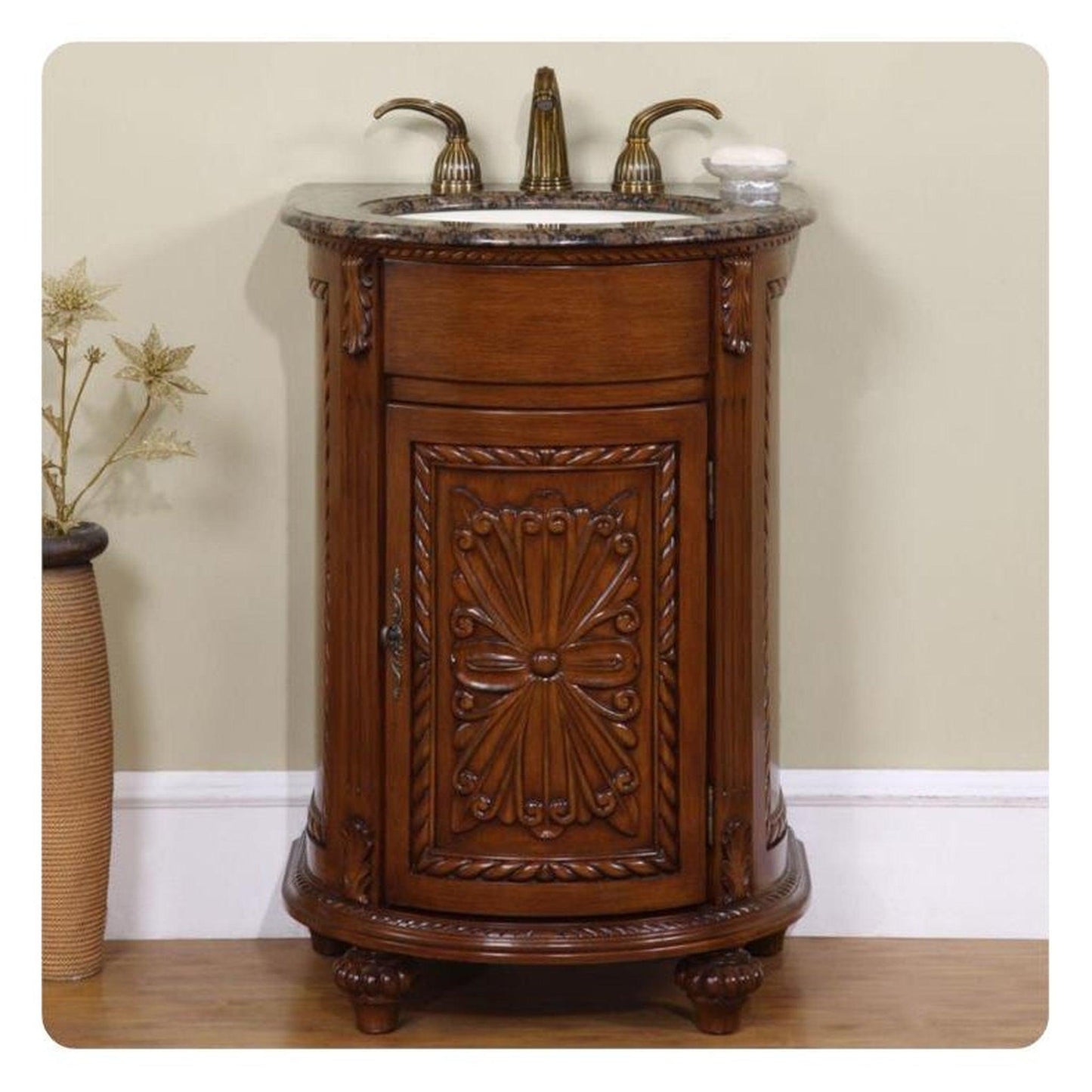Silkroad Exclusive 24" Single Sink English Chestnut Bathroom Vanity With Baltic Brown Granite Countertop and Ivory Ceramic Undermount Sink - HYP-0135-BB-UIC-24