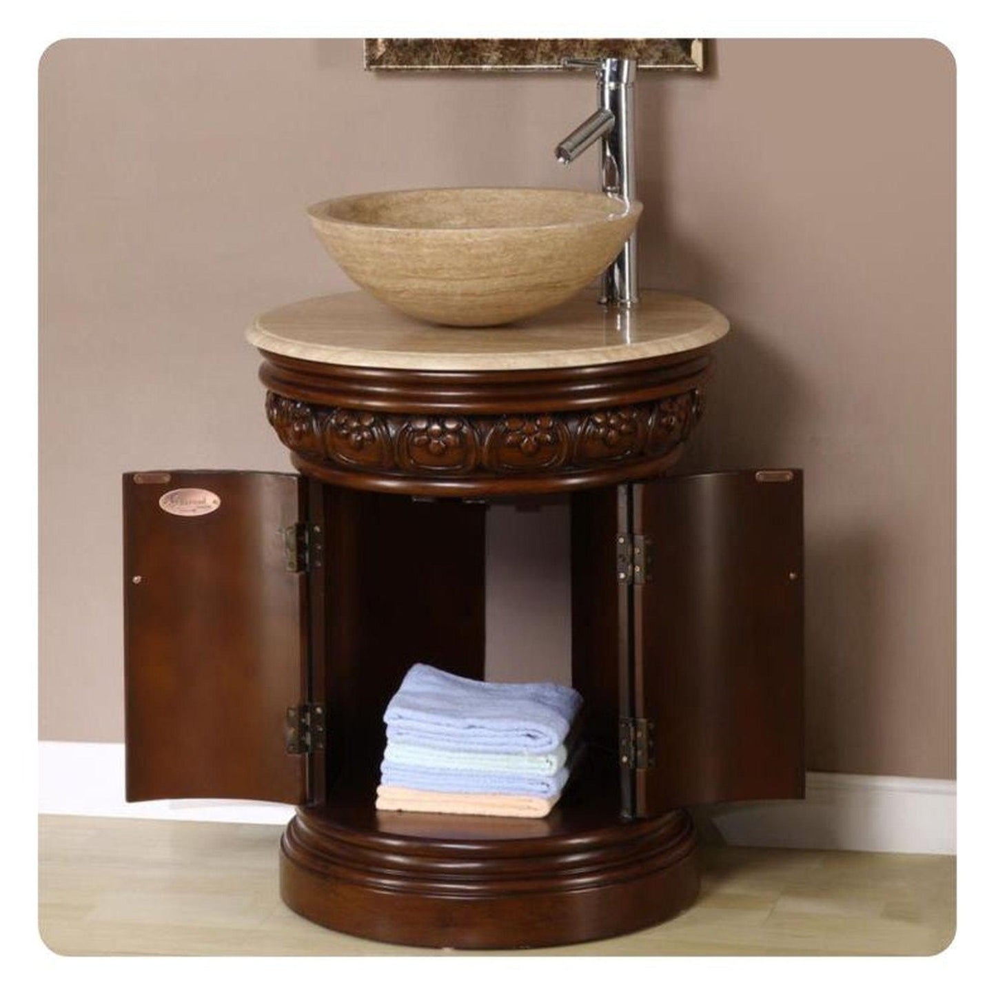 Silkroad Exclusive 24" Single Sink English Chestnut Bathroom Vanity With Travertine Ogee Edge Countertop - HYP-0160-T-24
