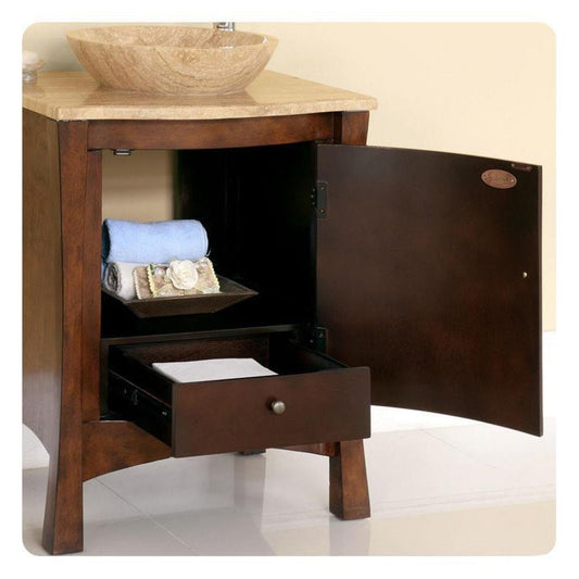 Silkroad Exclusive 26" Single Sink Red Chestnut Bathroom Vanity With Travertine Countertop and Travertine Round Vessel Sink - HYP-0714-T-TT-26
