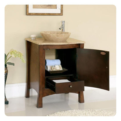 Silkroad Exclusive 26" Single Sink Red Chestnut Bathroom Vanity With Travertine Countertop and Travertine Round Vessel Sink - HYP-0714-T-TT-26
