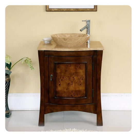 Silkroad Exclusive 26" Single Sink Red Chestnut Bathroom Vanity With Travertine Countertop and Travertine Round Vessel Sink - HYP-0714-T-TT-26