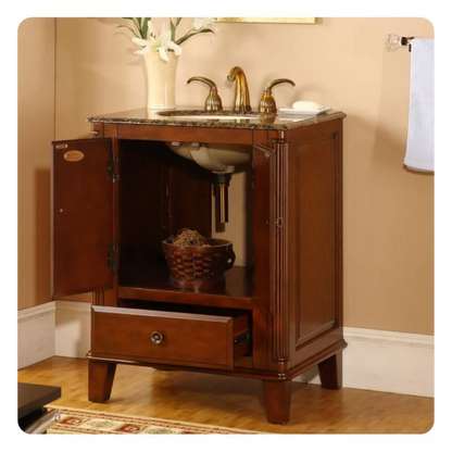 Silkroad Exclusive 28" Single Sink Special Walnut Bathroom Vanity With Baltic Brown Granite Countertop and Ivory Ceramic Undermount Sink - HYP-0207-BB-UIC-28