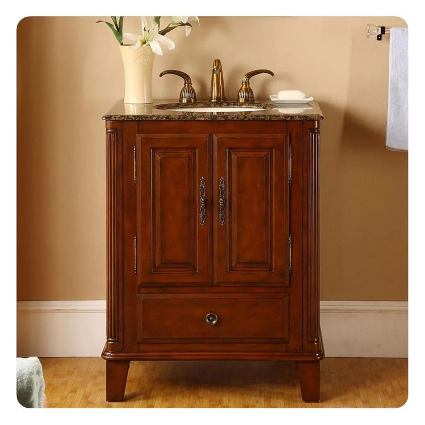 Silkroad Exclusive 28" Single Sink Special Walnut Bathroom Vanity With Baltic Brown Granite Countertop and Ivory Ceramic Undermount Sink - HYP-0207-BB-UIC-28