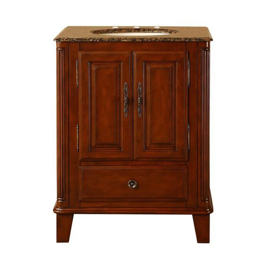 Silkroad Exclusive 28" Single Sink Special Walnut Bathroom Vanity With Baltic Brown Granite Countertop and Ivory Ceramic Undermount Sink - HYP-0207-BB-UIC-28