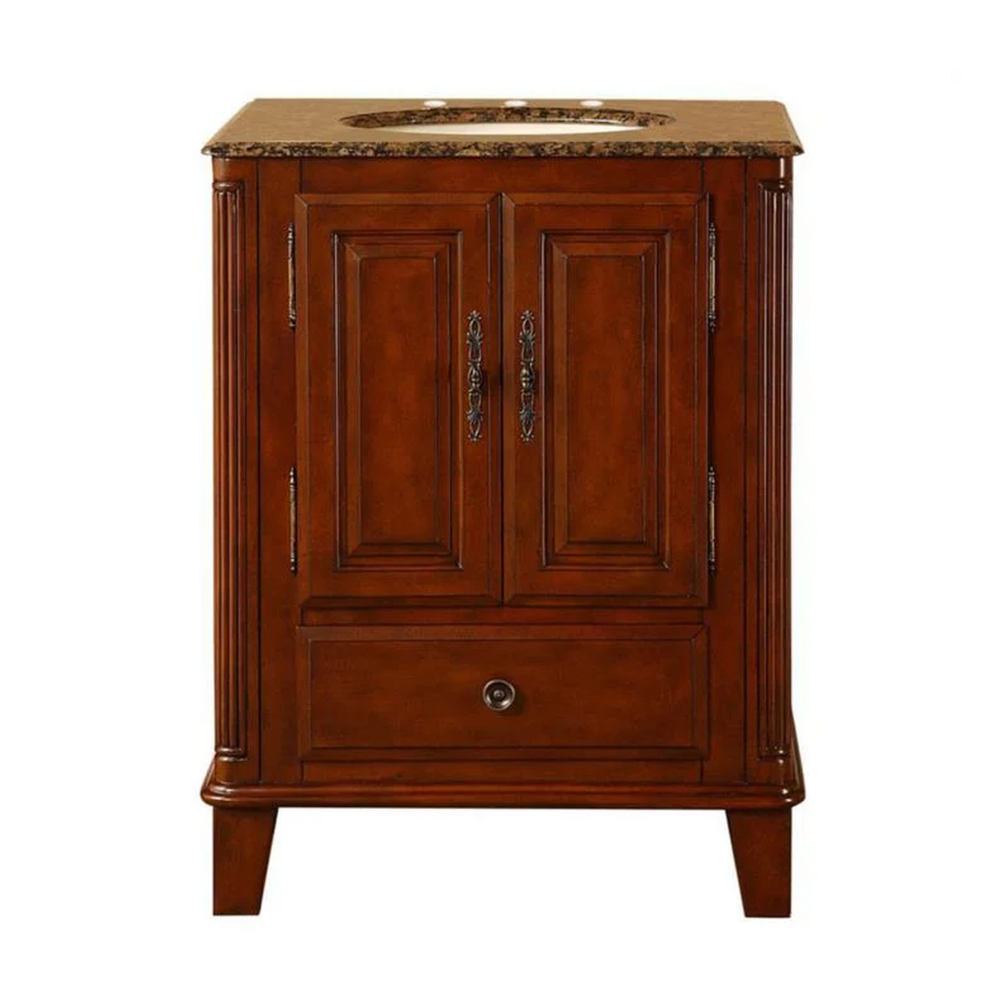 Silkroad Exclusive 28" Single Sink Special Walnut Bathroom Vanity With Baltic Brown Granite Countertop and Ivory Ceramic Undermount Sink - HYP-0207-BB-UIC-28