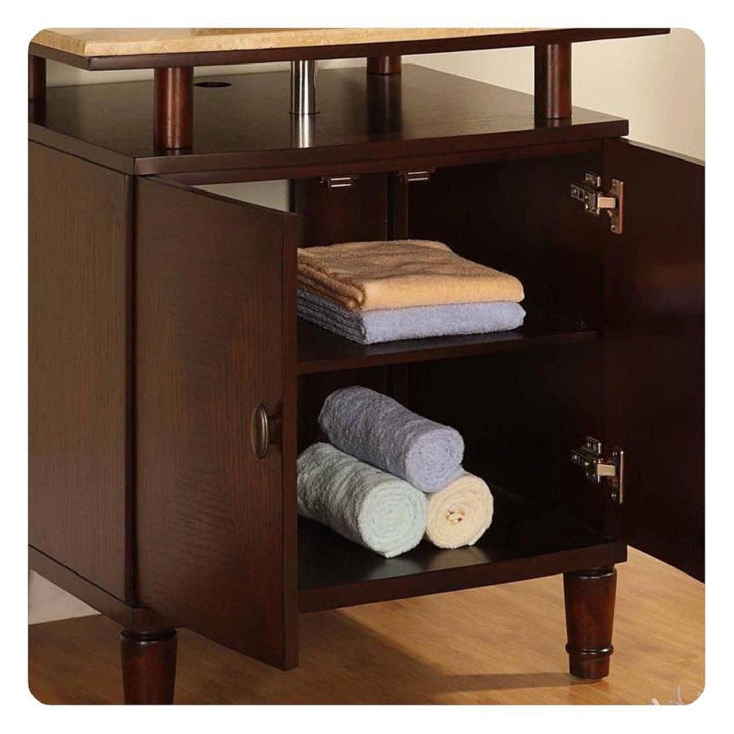 Silkroad Exclusive 29" Single Sink Dark Chestnut Bathroom Vanity With Travertine Countertop and Travertine Round Vessel Sink - HYP-0808N-T-29_S29B