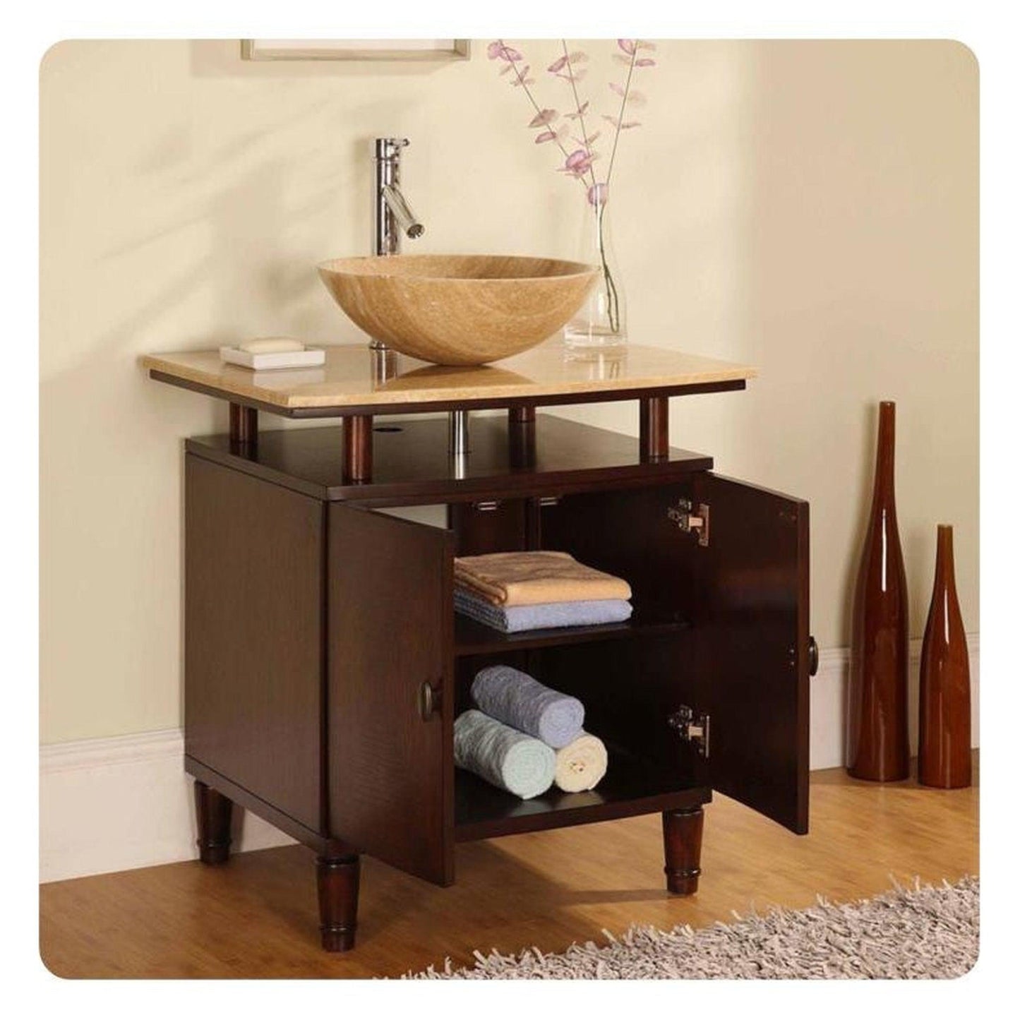Silkroad Exclusive 29" Single Sink Dark Chestnut Bathroom Vanity With Travertine Bevel Edge Countertop - HYP-0808N-T-29