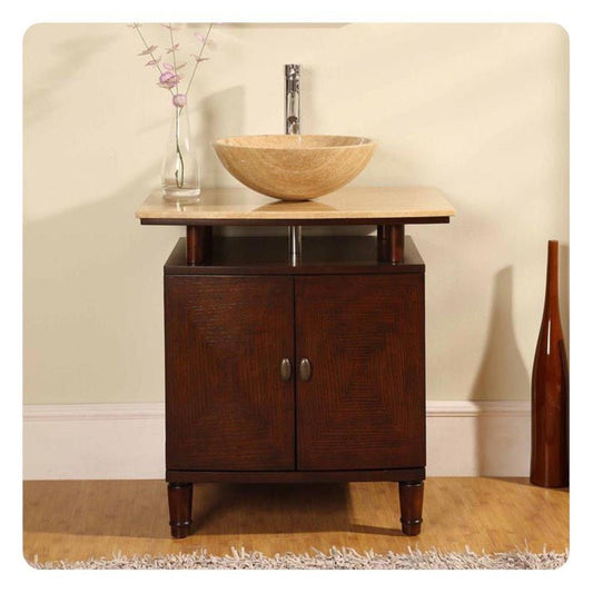 Silkroad Exclusive 29" Single Sink Dark Chestnut Bathroom Vanity With Travertine Bevel Edge Countertop - HYP-0808N-T-29