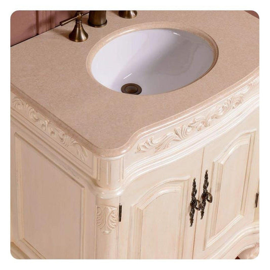 Silkroad Exclusive 32" Single Sink Antique White Bathroom Vanity With Crema Marfil Marble Countertop and White Ceramic Undermount Sink - ZY-0250-CM-UWC-32